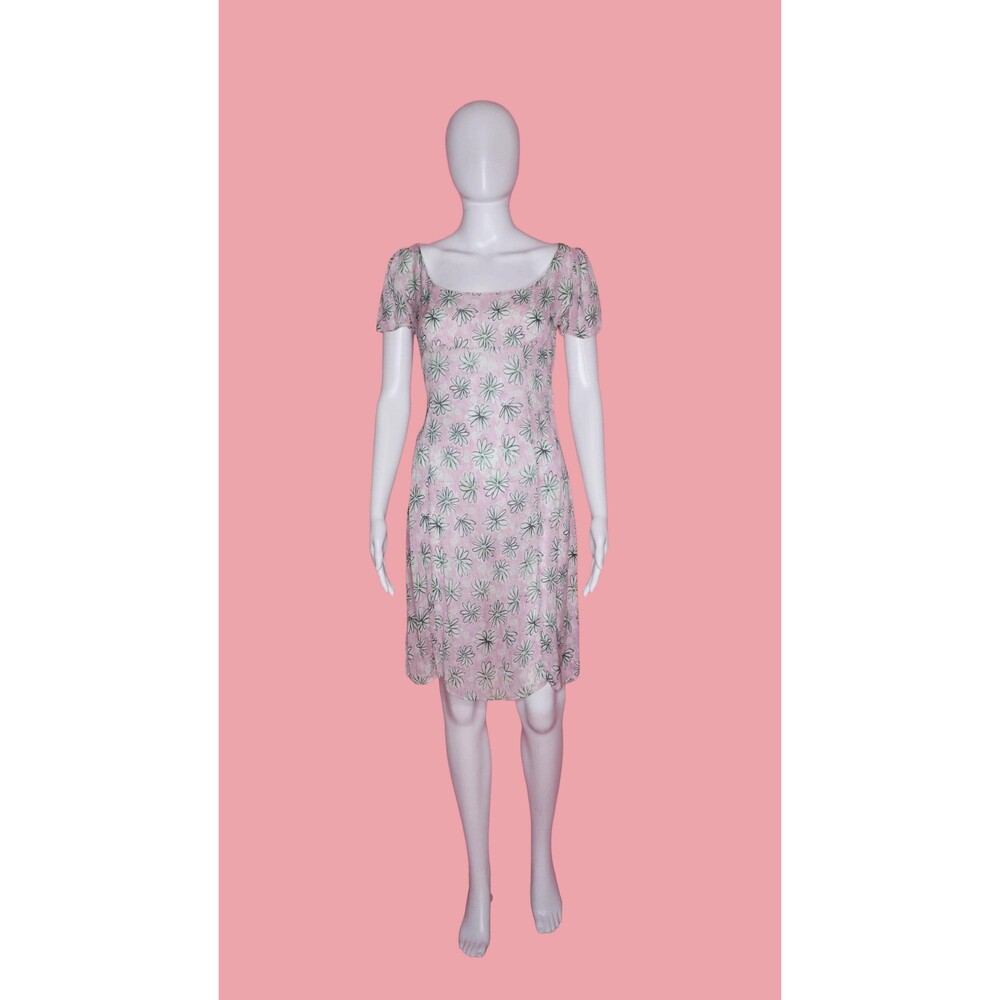 Y2K BLUMARINE. Pink EMPIRE Waist Floral BABYDOLL Short Sleeve Dress W/Tie. XS-S